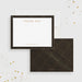 Front and back of personalized note cards with a black and gold geometric frame, thank you wording and a company name and a black and printed gold geometric patterned back.