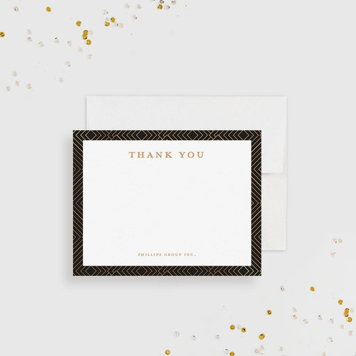 Personalized note card with a black and gold geometric frame, thank you wording and a company name, shown with a white envelope.