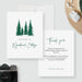 Cabin welcome card with green pine trees and a custom property name on the front; guest message, host name and contact details on the back.