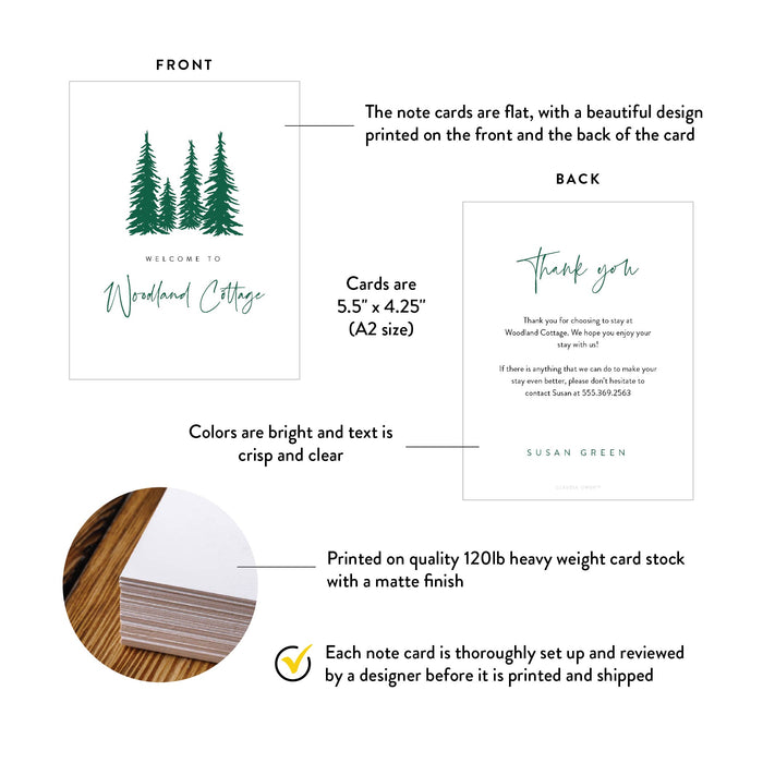 A2 note card specifications: 5.5 × 4.25 inches, double-sided printing and heavyweight 120 lb matte cardstock.