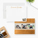White personalized note card with a vintage-style camera, beside a brown textured back featuring a custom photo filmstrip.