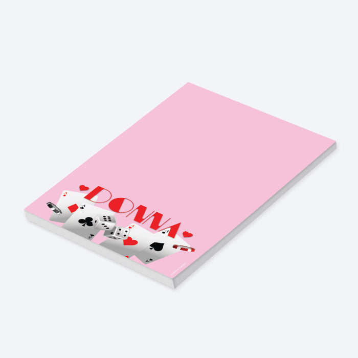 Personalized pink casino notepad gift for women with custom name, playing cards, dice, chips and spacious blank writing area-side