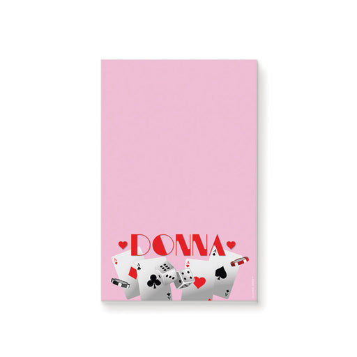 Personalized pink casino notepad gift for women with custom name, playing cards, dice, chips and spacious blank writing area