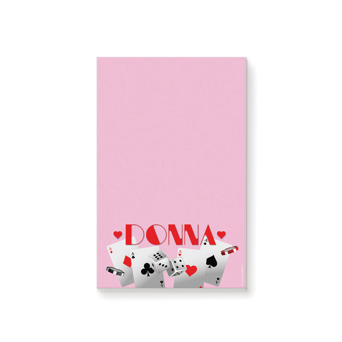 Personalized pink casino notepad gift for women with custom name, playing cards, dice, chips and spacious blank writing area