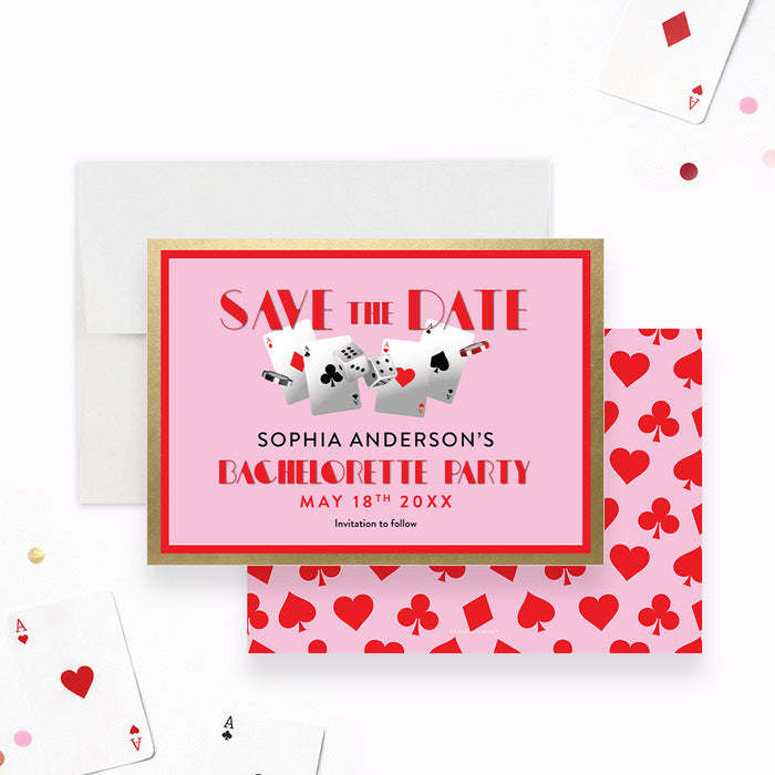 Personalized pink casino bachelorette party save the date card with bride-to-be details, red and gold border, playing cards, dice, hearts, and poker chips-front-back