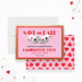 Personalized pink casino bachelorette party save the date card with bride-to-be details, red and gold border, playing cards, dice, hearts, and poker chips-front-back
