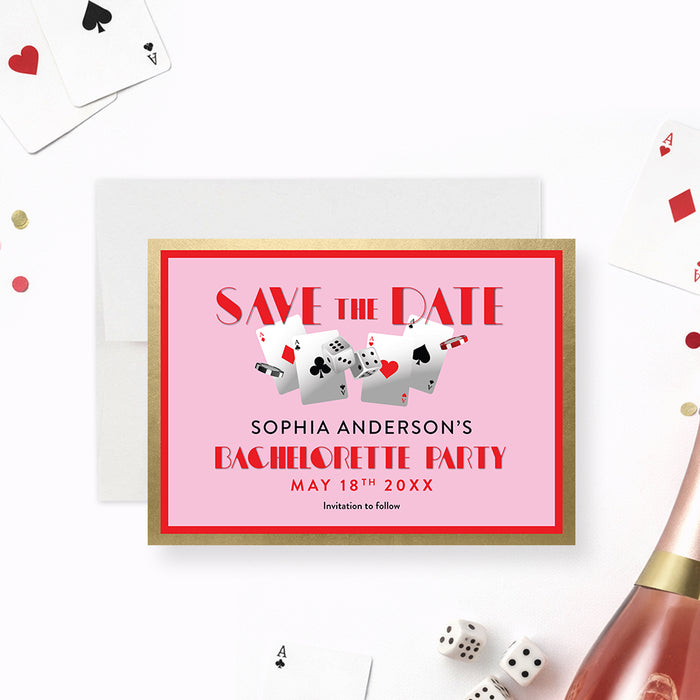 Personalized pink casino bachelorette party save the date card with bride-to-be details, red and gold border, playing cards, dice, hearts, and poker chips-front