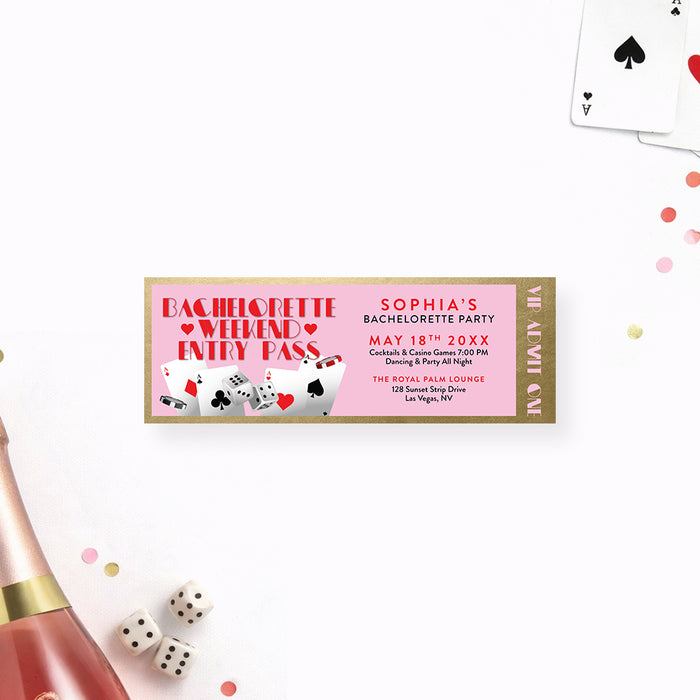 Personalized pink and gold bachelorette weekend entry pass ticket invitation with bride-to-be party details, playing cards, dice, poker chips, and hearts