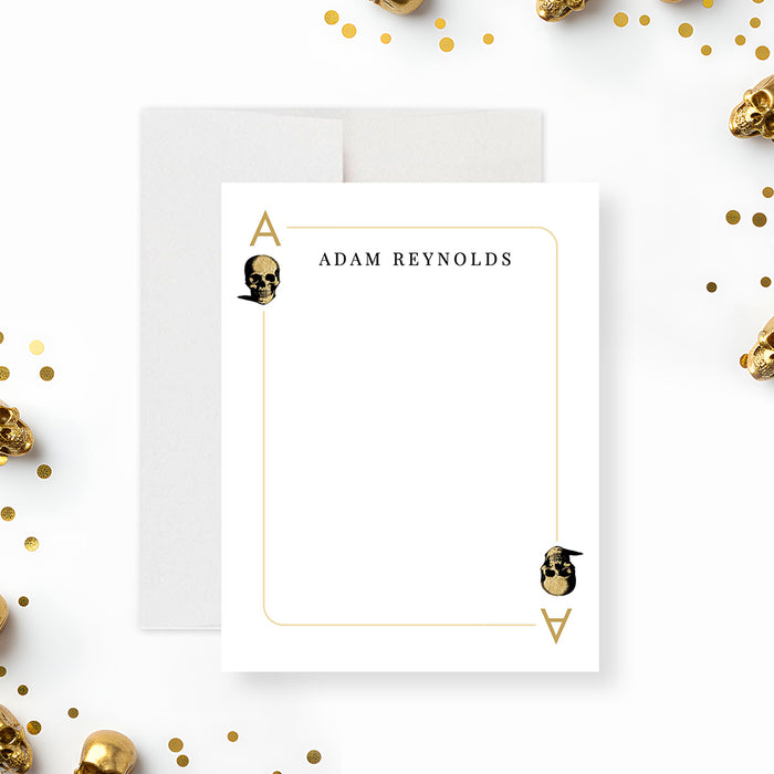 Front and back of a personalized casino note card with custom name, ace playing card border and black and gold skull pattern-front