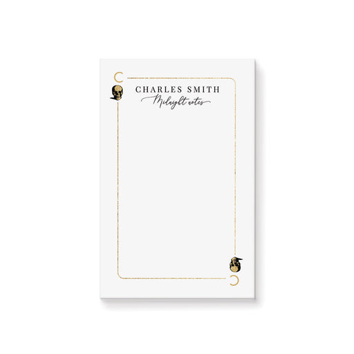 Personalized white casino notepad styled as a playing card with custom name, Midnight Notes wording, gold border and skull illustrations