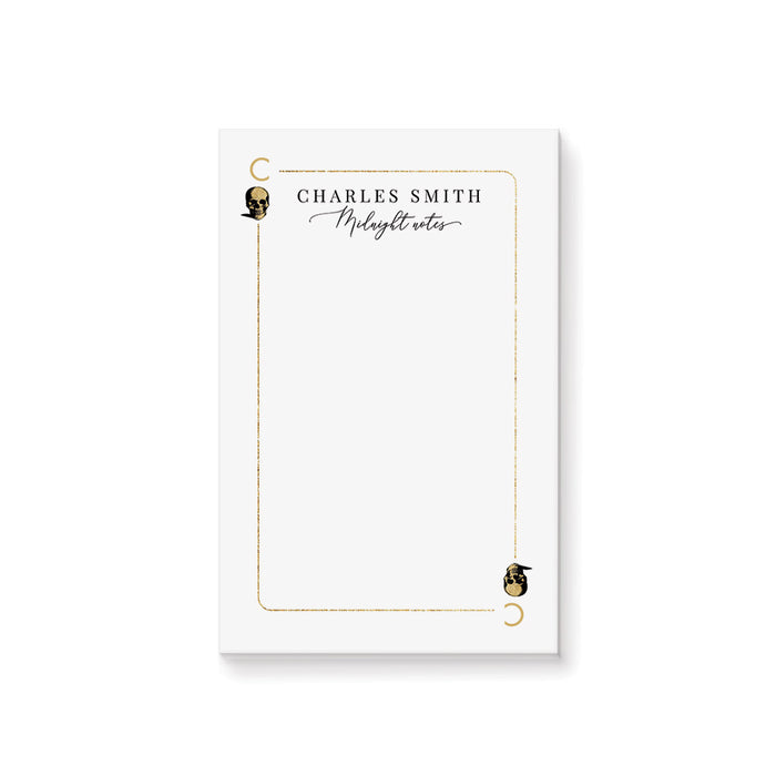 Personalized white casino notepad styled as a playing card with custom name, Midnight Notes wording, gold border and skull illustrations
