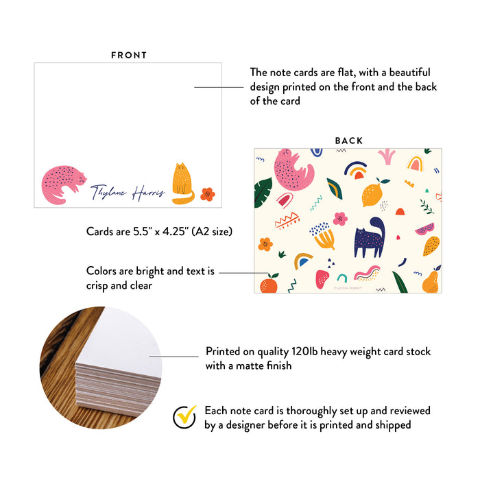 Personalized cat note cards 5.5 x 4.25 inches printed on thick 120lb matte cardstock. Front features colorful cats and custom name, back shows vibrant cat pattern. Bright colors, crisp text, and designer-reviewed quality