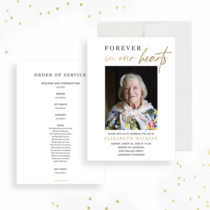 Photo memorial invitation with “Forever in Our Hearts” message for a celebration of life service.-front-back