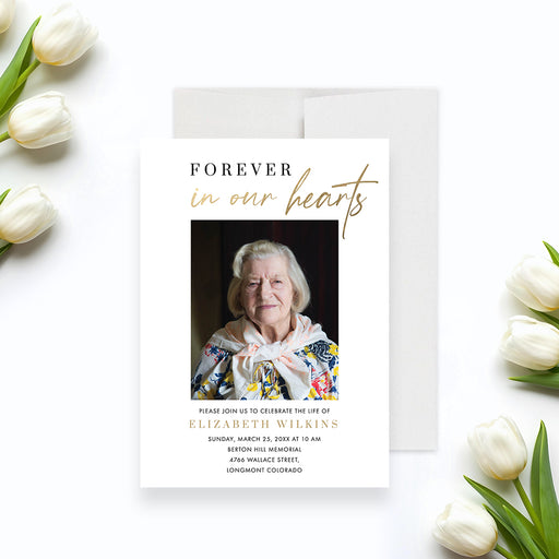 Photo memorial invitation with “Forever in Our Hearts” message for a celebration of life service.-front