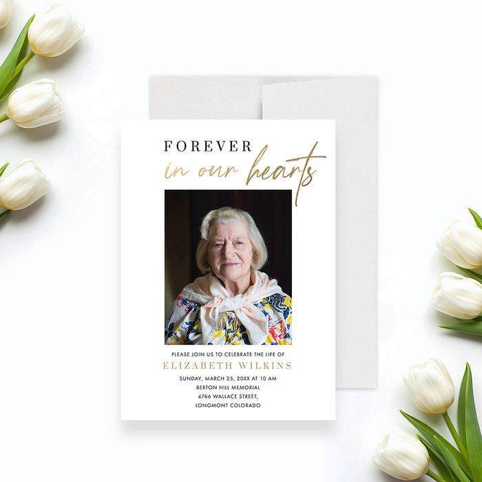Photo memorial invitation with “Forever in Our Hearts” message for a celebration of life service.-front