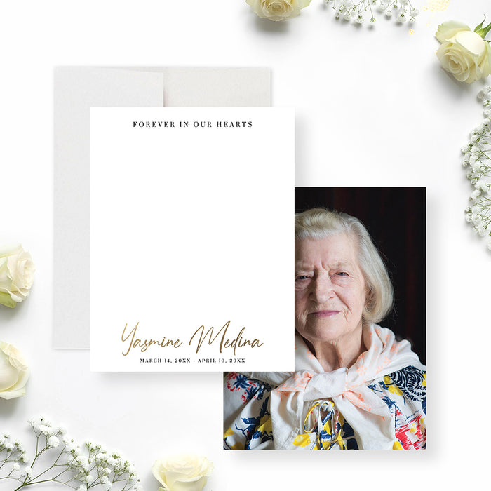 Memorial photo thank you card featuring an elegant portrait layout with the phrase “Forever in Our Hearts.”-front-back