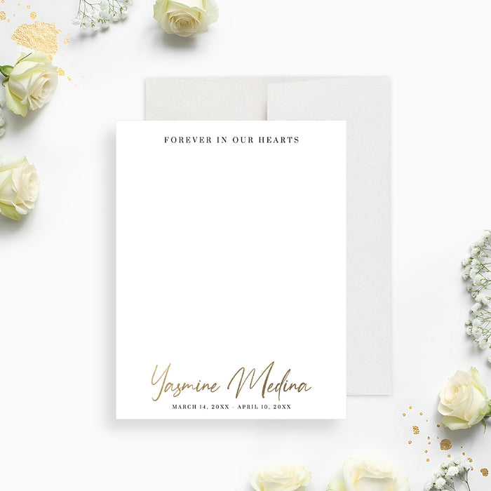 Memorial photo thank you card featuring an elegant portrait layout with the phrase “Forever in Our Hearts.”-front