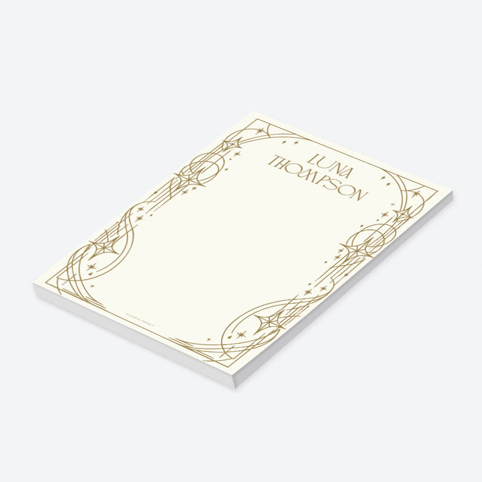 Personalized celestial Art Deco notepad gift for women with custom name, gold geometric star border and spacious blank writing area-side