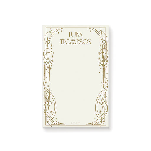 Personalized celestial Art Deco notepad gift for women with custom name, gold geometric star border and spacious blank writing area