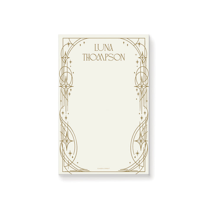 Personalized celestial Art Deco notepad gift for women with custom name, gold geometric star border and spacious blank writing area