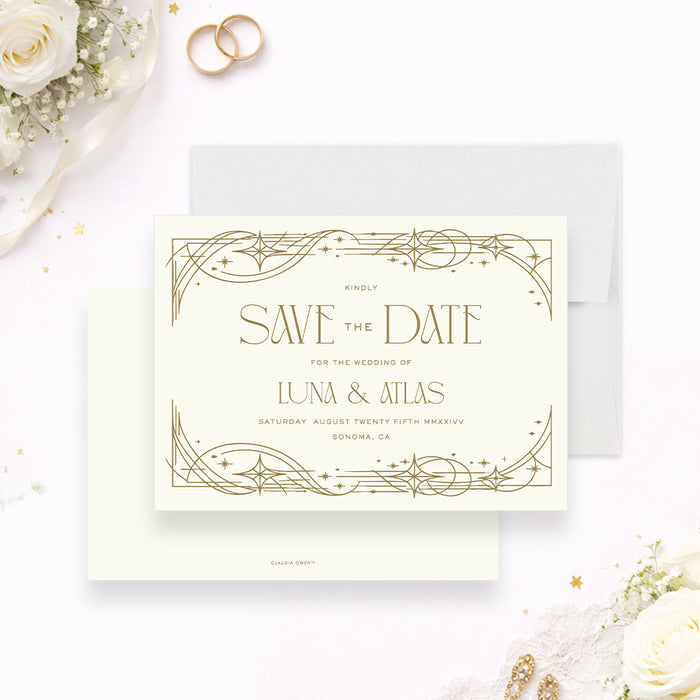 Personalized celestial Art Deco wedding save the date card with custom couple’s names, wedding date, Sonoma location and gold star border-front-back