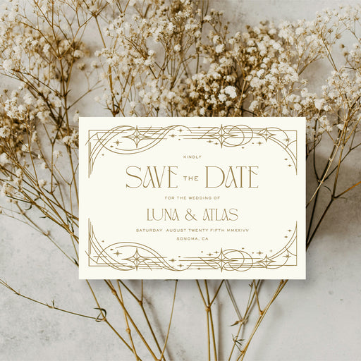 Personalized celestial Art Deco wedding save the date card with custom couple’s names, wedding date, Sonoma location and gold star border-front