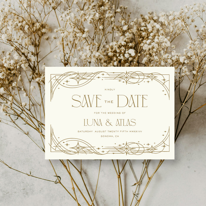 Personalized celestial Art Deco wedding save the date card with custom couple’s names, wedding date, Sonoma location and gold star border-front