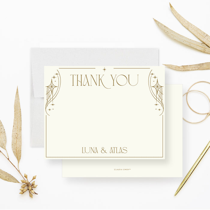Personalized Art Deco wedding thank you card with custom couple names, gold geometric star border and blank writing area-front-back