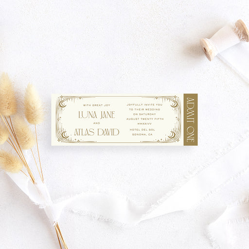 Personalized celestial Art Deco wedding ticket invitation with custom couple’s names, ceremony details, star motifs and geometric gold border