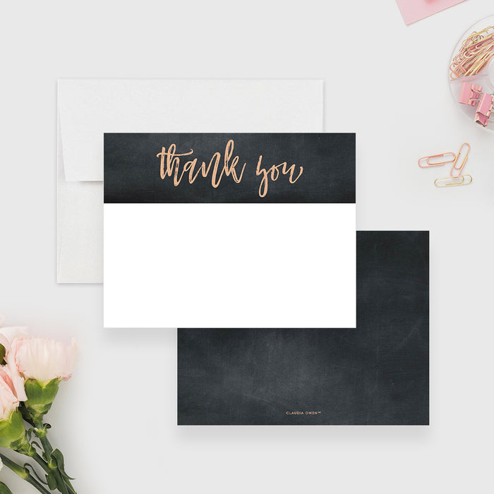 Personalized Chalkboard Script Thank You Cards. Front and matching black chalkboard-style back displayed with a white envelope.