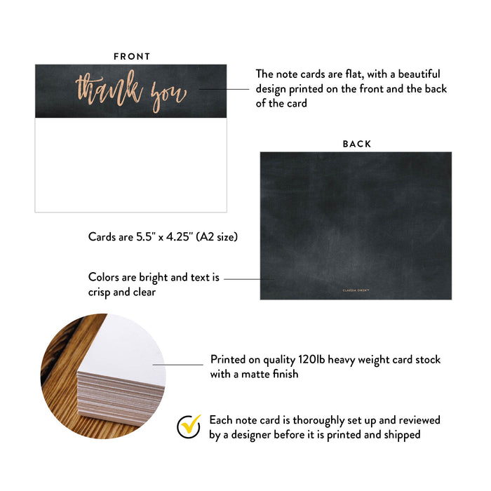Product details for personalized chalkboard script thank you cards: front and back designs, A2 size, matte cardstock, and design proof.