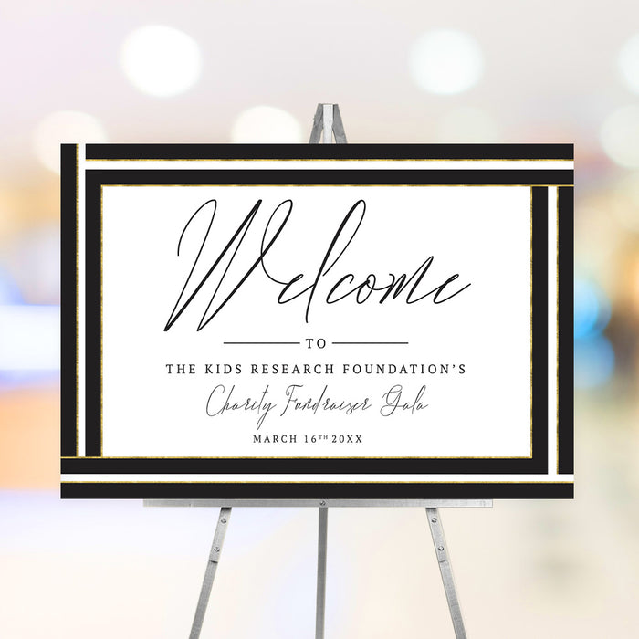 Personalized charity fundraiser gala welcome sign with black geometric border, warm line accents, foundation name and event date
