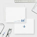 Chemistry note cards with blue laboratory glassware and a name on the white front; blue flask and initials on the white back.