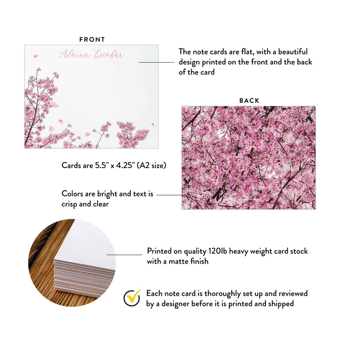Product details for personalized cherry blossom note cards: front and back designs, A2 size, matte cardstock, and design proof.