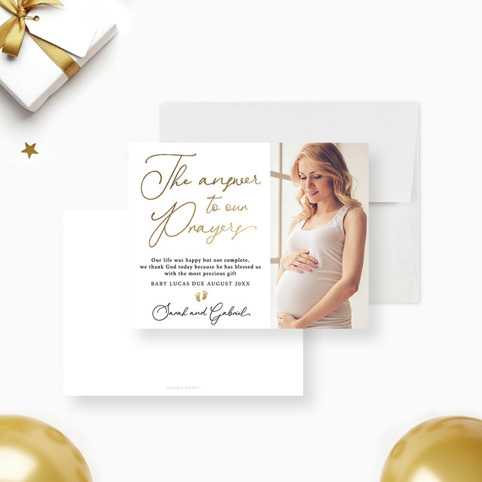 Personalized Christian pregnancy announcement card with expectant mother photo, Answer to Our Prayers lettering, due date, names and baby footprints-front-back