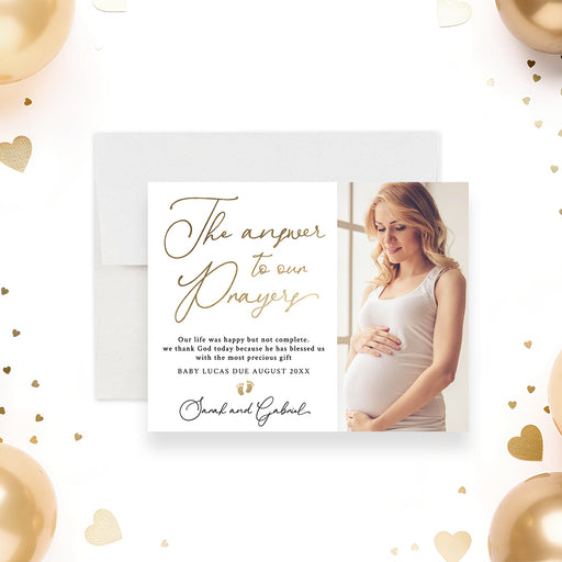 Personalized Christian pregnancy announcement card with expectant mother photo, Answer to Our Prayers lettering, due date, names and baby footprints-front