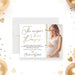 Personalized Christian pregnancy announcement card with expectant mother photo, Answer to Our Prayers lettering, due date, names and baby footprints-front