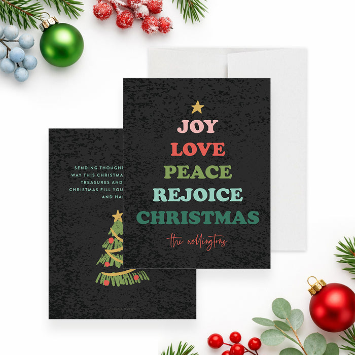 personalized Christmas greeting card with Joy Love Peace Rejoice wording, festive tree artwork, dark background, and custom family name-front-back