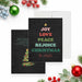 personalized Christmas greeting card with Joy Love Peace Rejoice wording, festive tree artwork, dark background, and custom family name-front-back