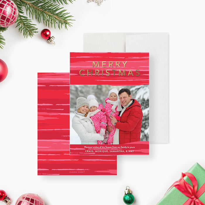 personalized family Christmas greeting card with festive red watercolor accents and custom holiday photo-front-back