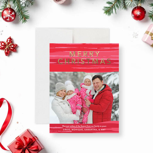 personalized family Christmas greeting card with festive red watercolor accents and custom holiday photo-front