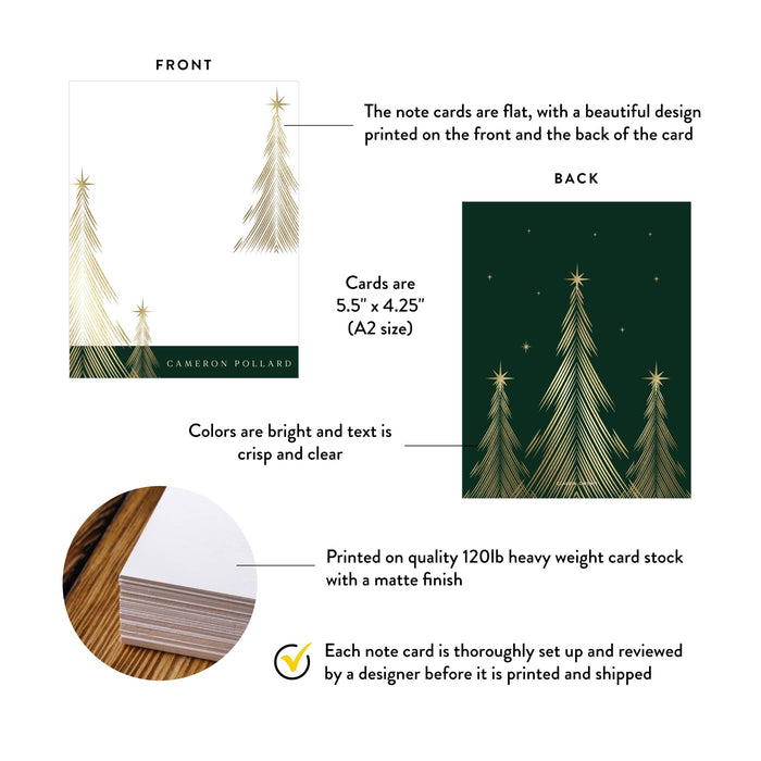 Front and back of personalized christmas tree note cards showing A2 dimensions and matte cardstock details.