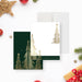 Personalized Christmas note cards with printed gold tree illustrations on the white writing front and a dark green tree patterned reverse.