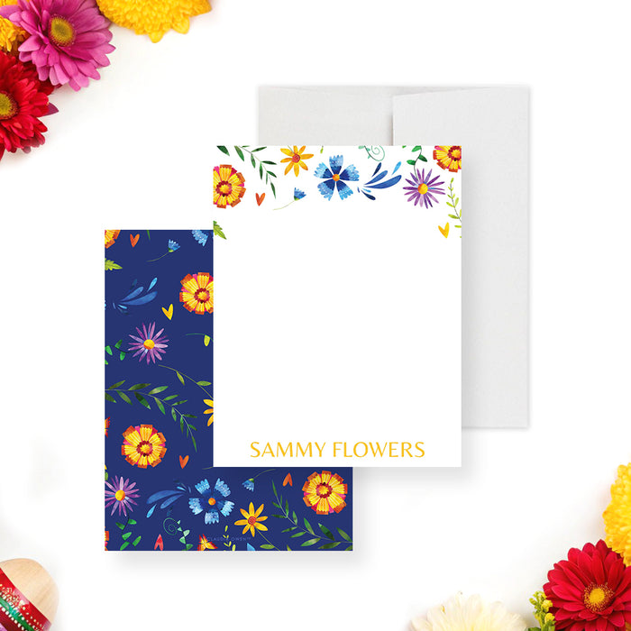 personalized floral note cards with colorful fiesta-inspired flowers, custom name, and blank writing space-front-back