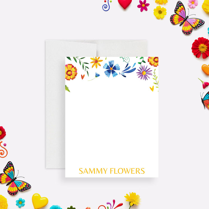 personalized floral note cards with colorful fiesta-inspired flowers, custom name, and blank writing space-front