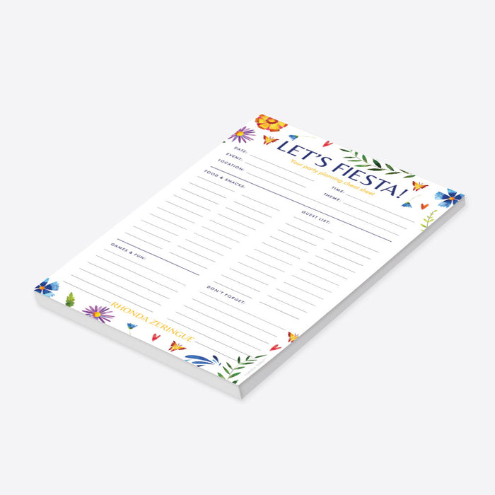 personalized fiesta party planner notepad with floral artwork, Let’s Fiesta heading, planning sections, custom name, and lined writing space-side
