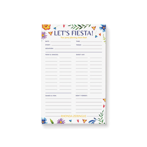 personalized fiesta party planner notepad with floral artwork, Let’s Fiesta heading, planning sections, custom name, and lined writing space