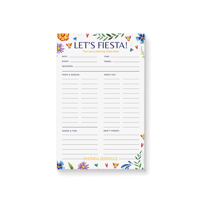 personalized fiesta party planner notepad with floral artwork, Let’s Fiesta heading, planning sections, custom name, and lined writing space