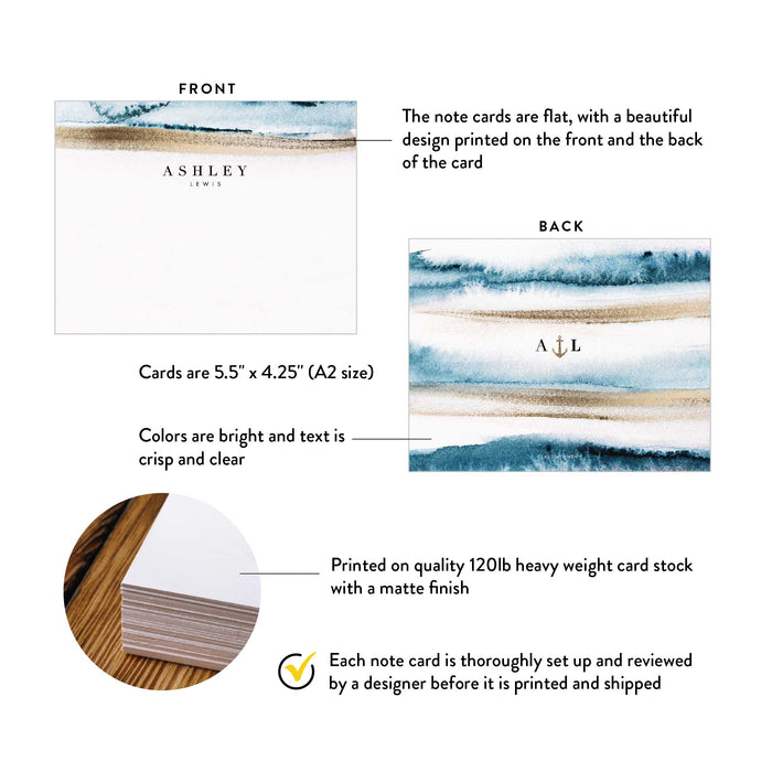 Front and back of personalized coastal watercolor monogram note cards showing A2 dimensions and matte cardstock details.