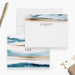 Personalized coastal note cards with blue and sandy beige watercolor bands, a name on the white front and initials on the reverse.